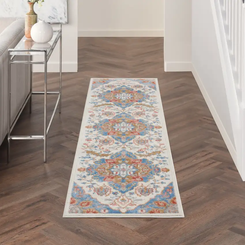 8' Ivory Tan and Blue Floral Medallion Non Skid Runner Rug Photo 3