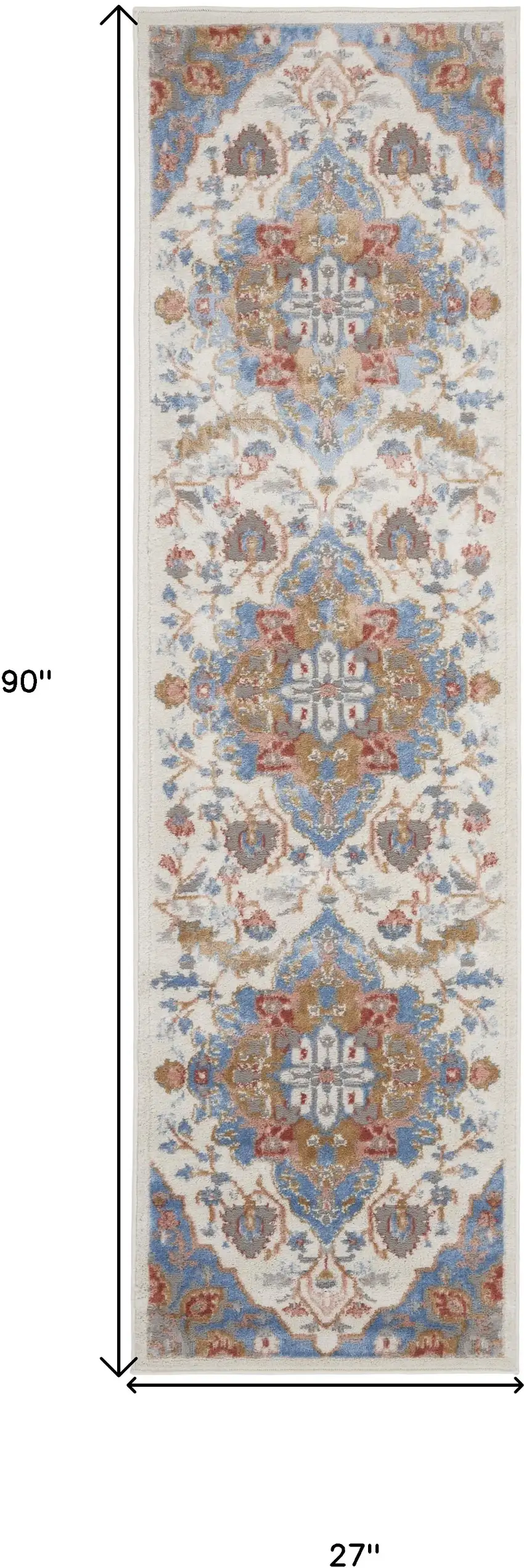 8' Ivory Tan and Blue Floral Medallion Non Skid Runner Rug Photo 3