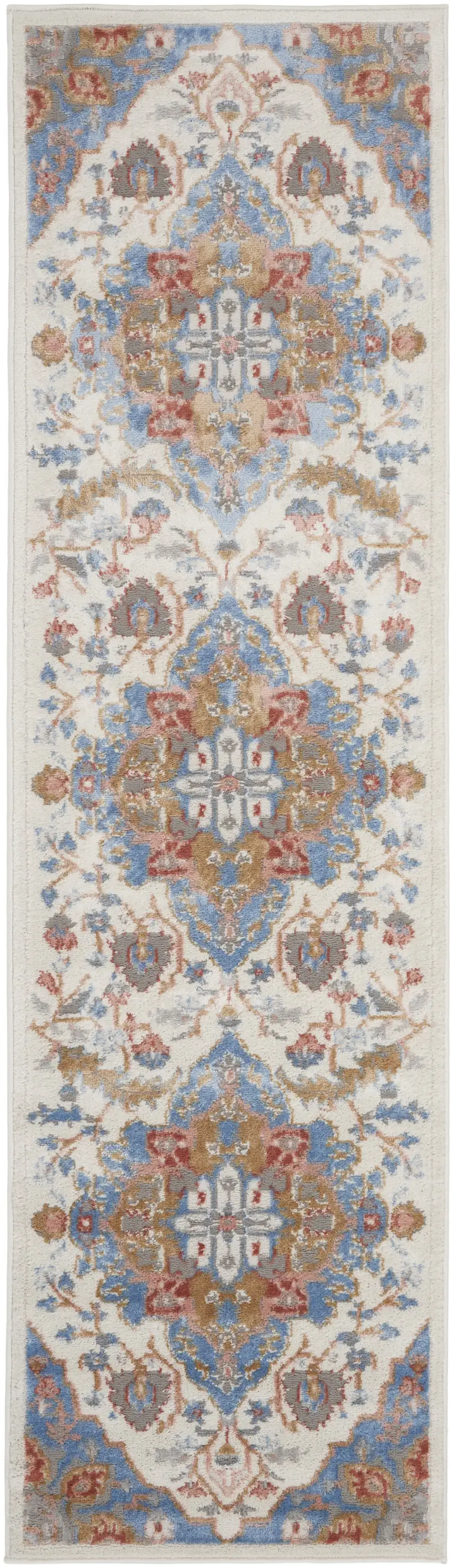 8' Ivory Tan and Blue Floral Medallion Non Skid Runner Rug Photo 2