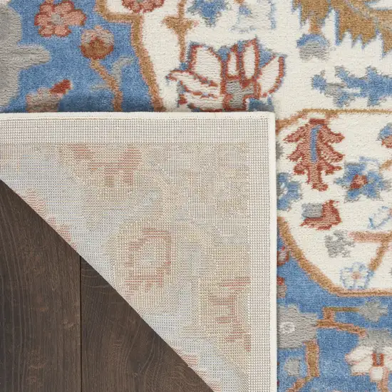 8' Ivory Tan and Blue Floral Medallion Non Skid Runner Rug Photo 6