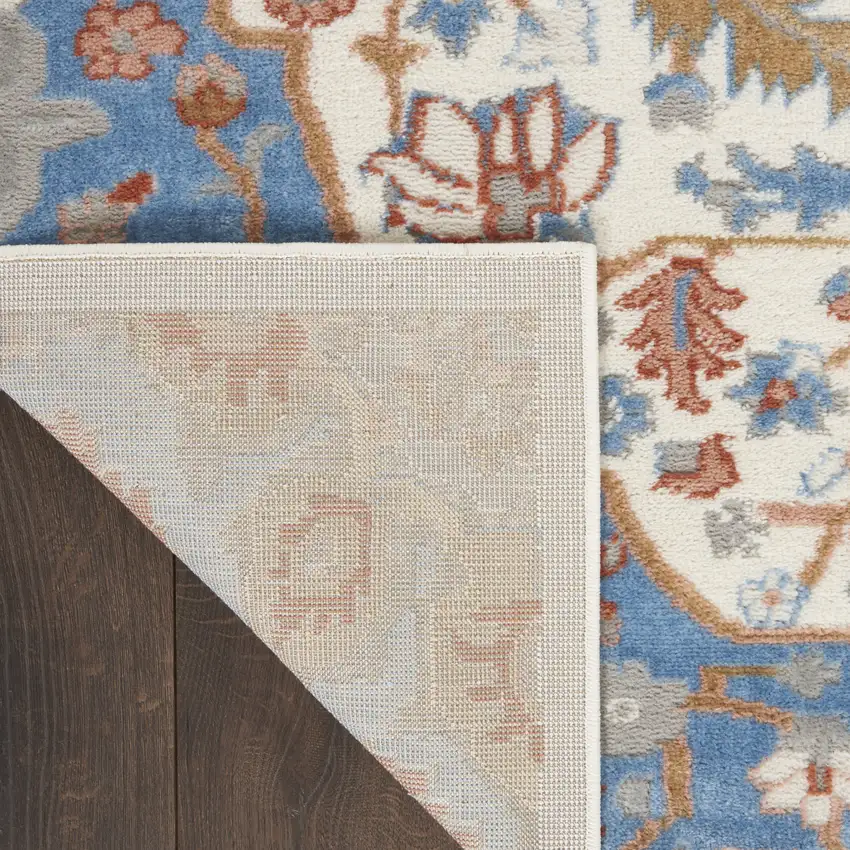 8' Ivory Tan and Blue Floral Medallion Non Skid Runner Rug Photo 6