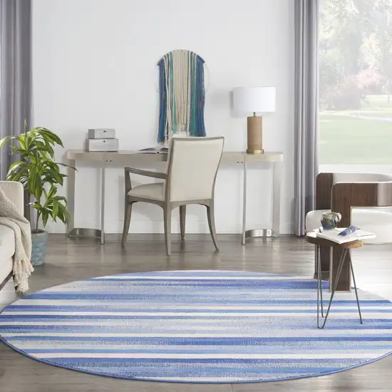 8' Ivory Tan and Blue Striped Round Rug Photo 5