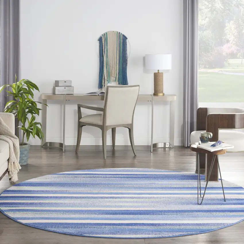 8' Ivory Tan and Blue Striped Round Rug Photo 5