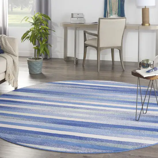 8' Ivory Tan and Blue Striped Round Rug Photo 3