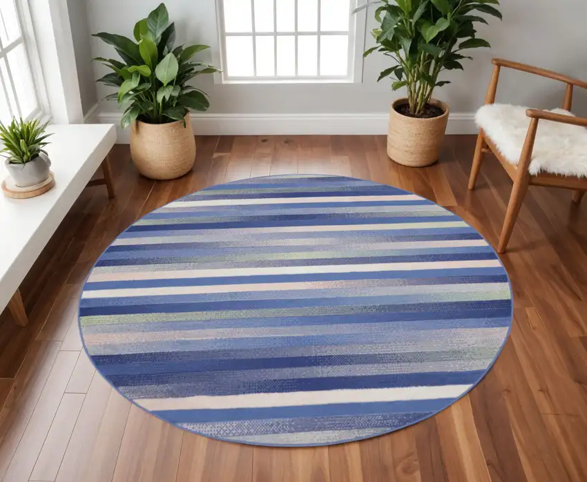 8' Ivory Tan and Blue Striped Round Rug Photo 1