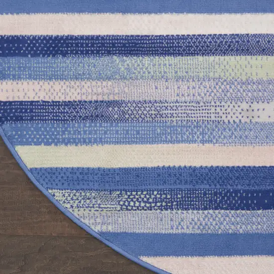 8' Ivory Tan and Blue Striped Round Rug Photo 9