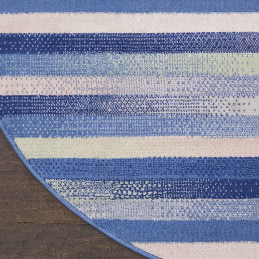 8' Ivory Tan and Blue Striped Round Rug Photo 9
