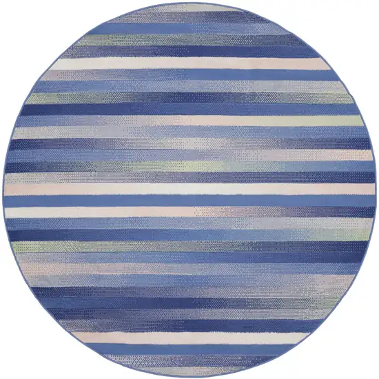 8' Ivory Tan and Blue Striped Round Rug Photo 1