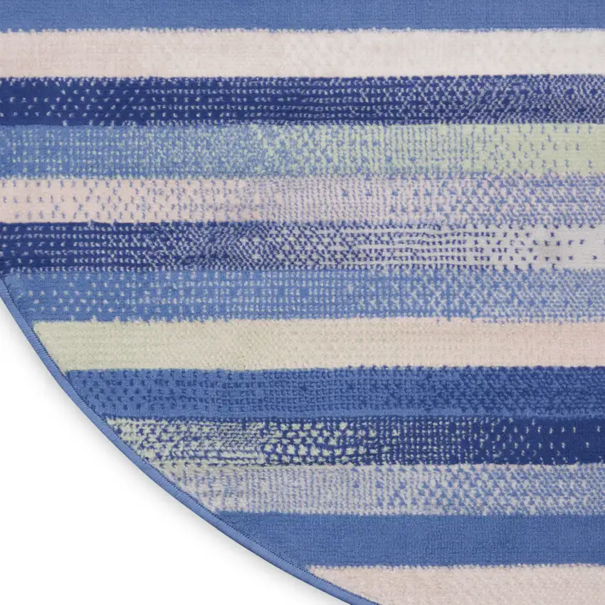 8' Ivory Tan and Blue Striped Round Rug Photo 7