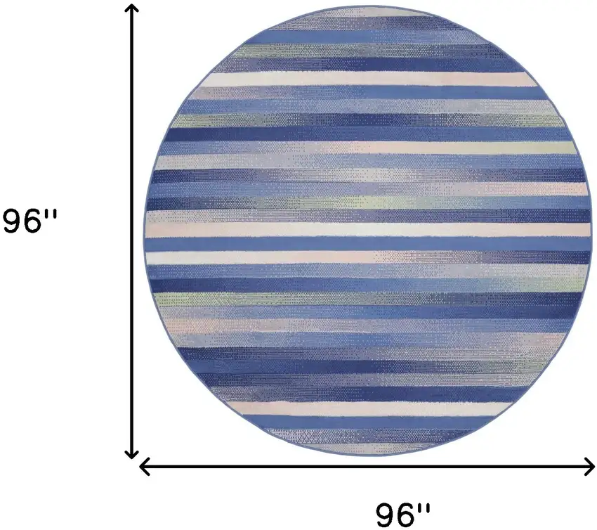 8' Ivory Tan and Blue Striped Round Rug Photo 3