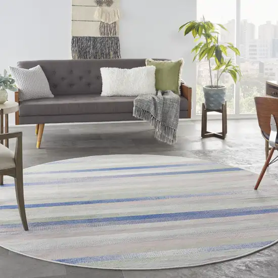 8' Ivory Tan and Blue Striped Round Rug Photo 3