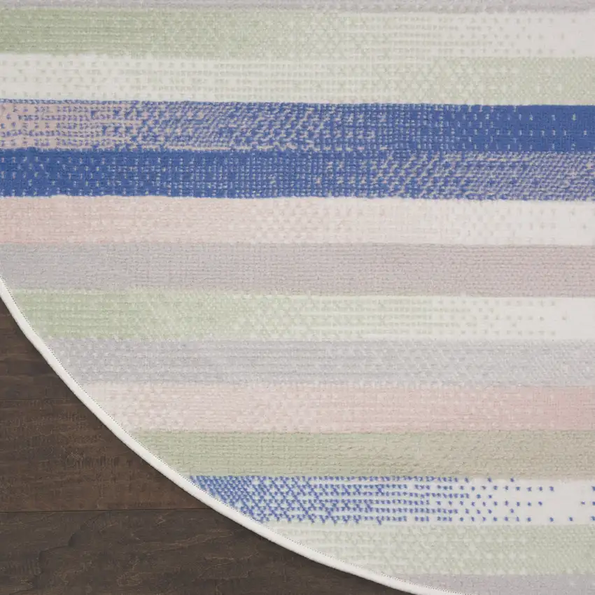 8' Ivory Tan and Blue Striped Round Rug Photo 9