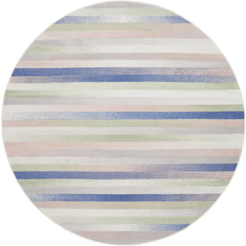 8' Ivory Tan and Blue Striped Round Rug Photo 2