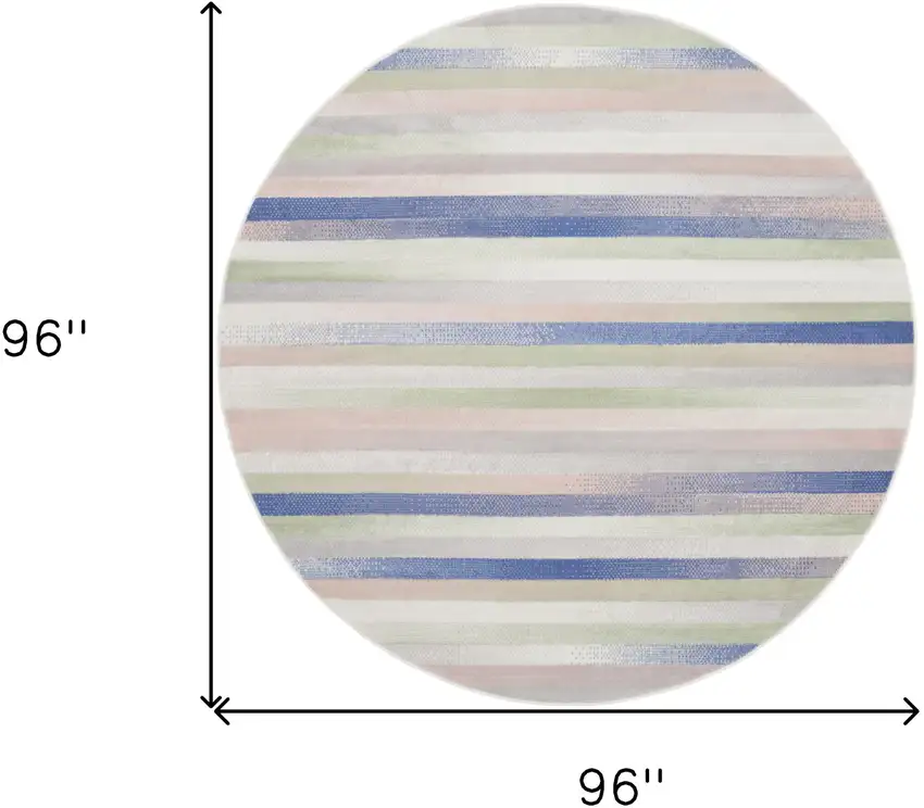 8' Ivory Tan and Blue Striped Round Rug Photo 3