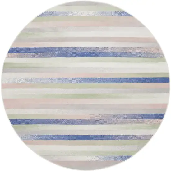 8' Ivory Tan and Blue Striped Round Rug Photo 1