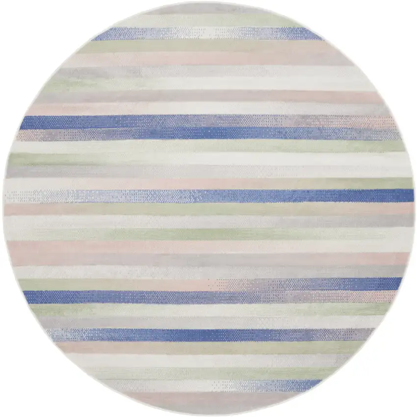 8' Ivory Tan and Blue Striped Round Rug Photo 1