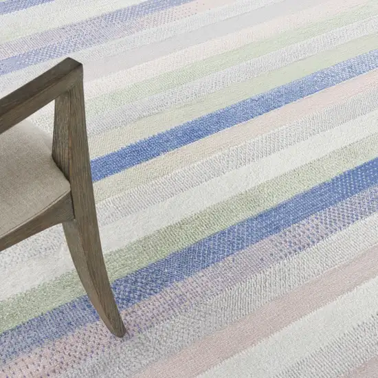 8' Ivory Tan and Blue Striped Round Rug Photo 7