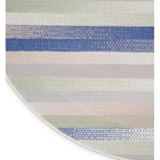 8' Ivory Tan and Blue Striped Round Rug Photo 6