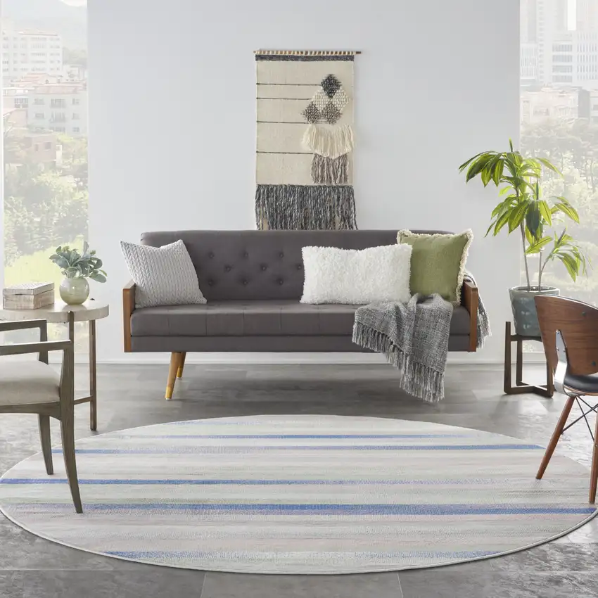 8' Ivory Tan and Blue Striped Round Rug Photo 4