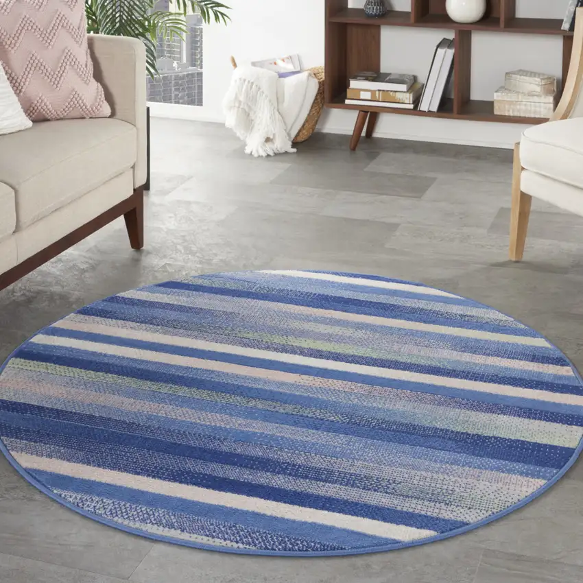 5' Ivory Tan and Blue Striped Round Rug Photo 4