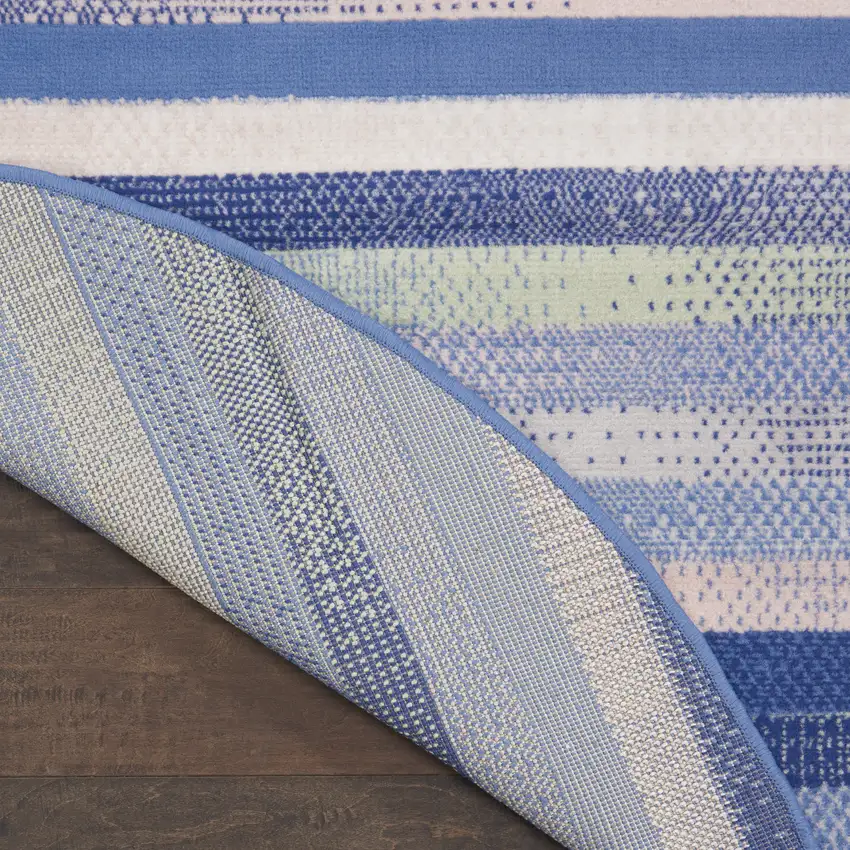 5' Ivory Tan and Blue Striped Round Rug Photo 9