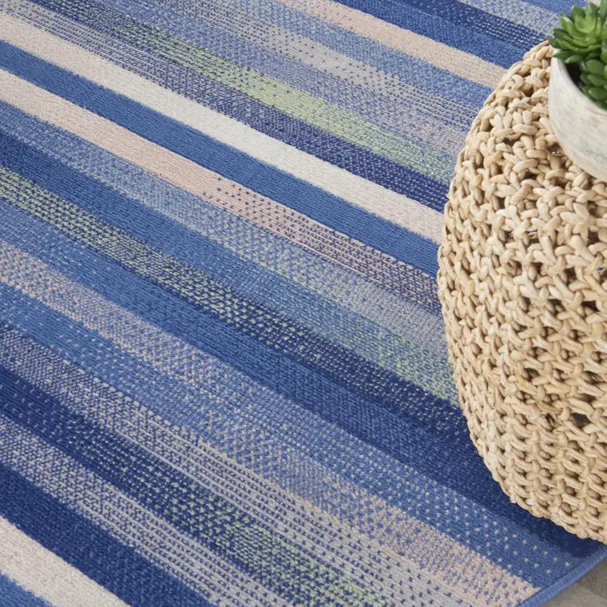 5' Ivory Tan and Blue Striped Round Rug Photo 8