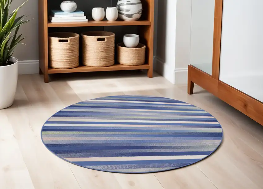 5' Ivory Tan and Blue Striped Round Rug Photo 1