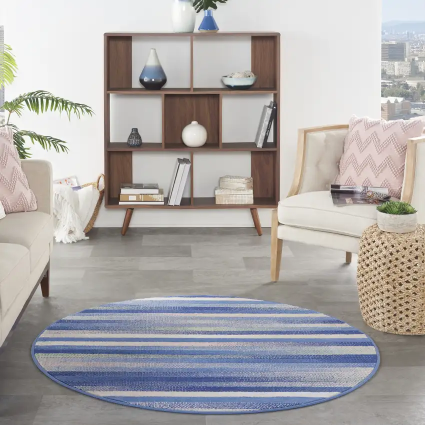 5' Ivory Tan and Blue Striped Round Rug Photo 5