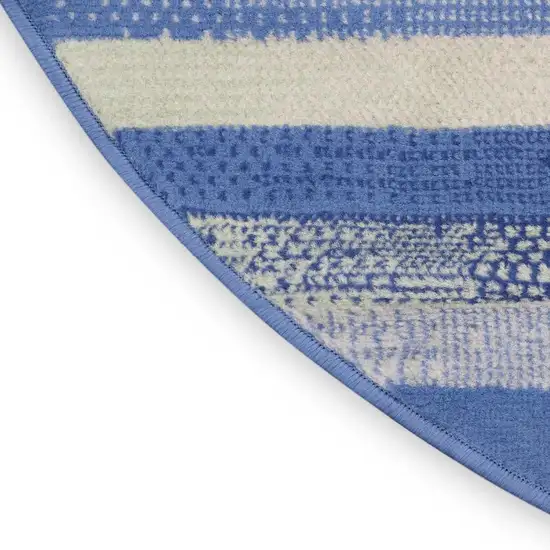 5' Ivory Tan and Blue Striped Round Rug Photo 1