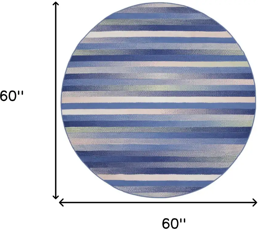 5' Ivory Tan and Blue Striped Round Rug Photo 3