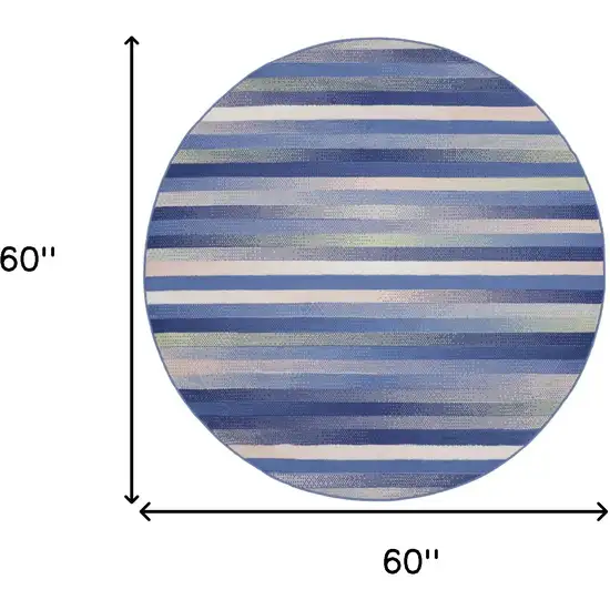 5' Ivory Tan and Blue Striped Round Rug Photo 3