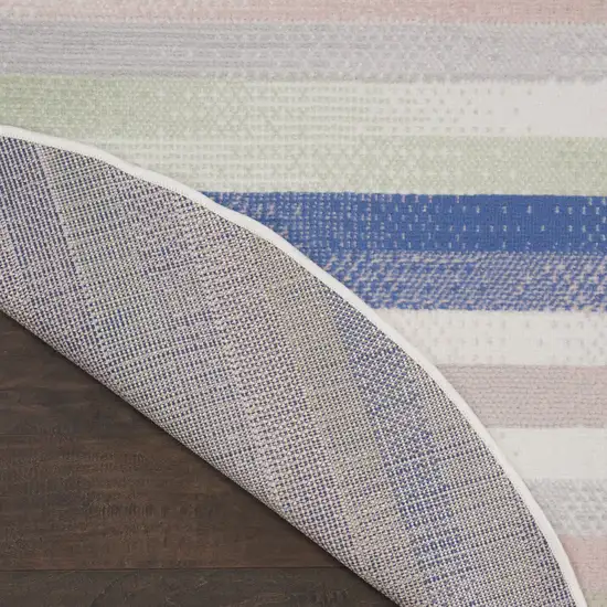 5' Ivory Tan and Blue Striped Round Rug Photo 8
