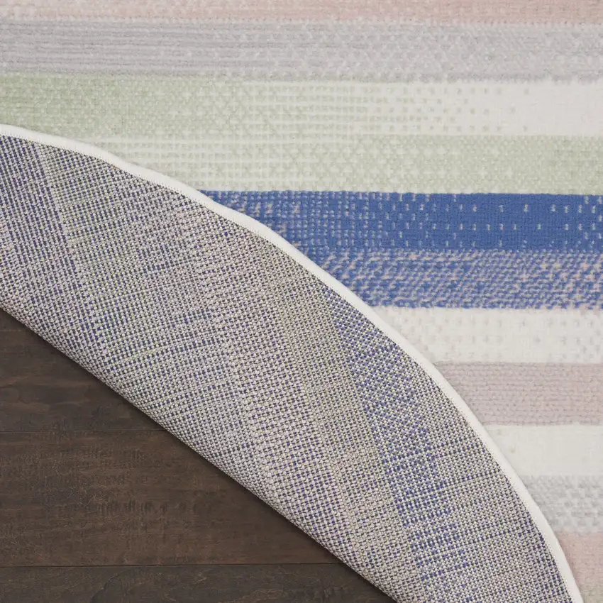 5' Ivory Tan and Blue Striped Round Rug Photo 8