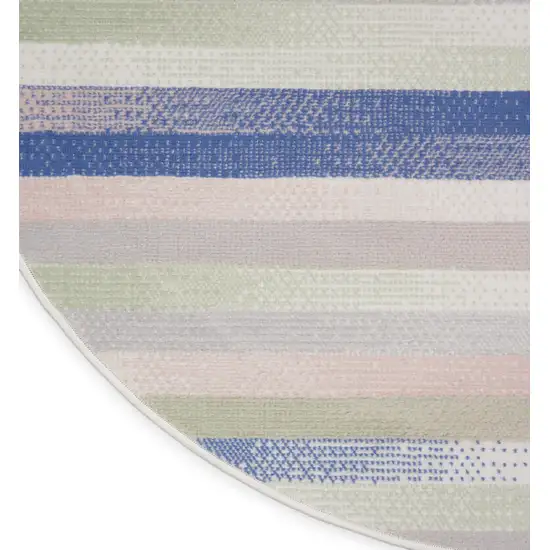 5' Ivory Tan and Blue Striped Round Rug Photo 6