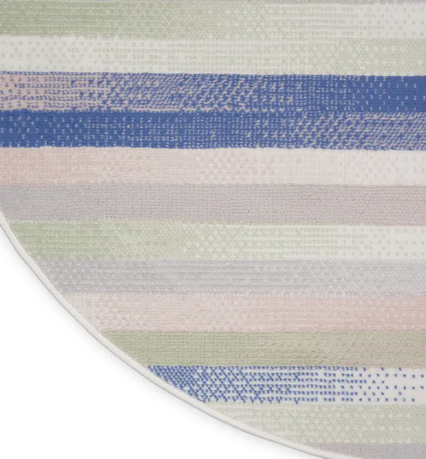 5' Ivory Tan and Blue Striped Round Rug Photo 6