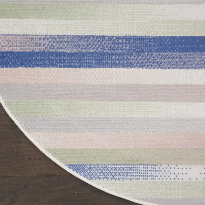 5' Ivory Tan and Blue Striped Round Rug Photo 9