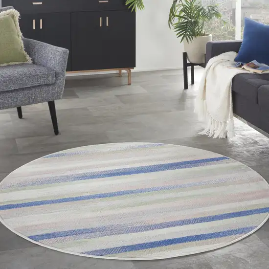 5' Ivory Tan and Blue Striped Round Rug Photo 3