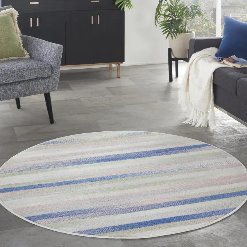 5' Ivory Tan and Blue Striped Round Rug Photo 3