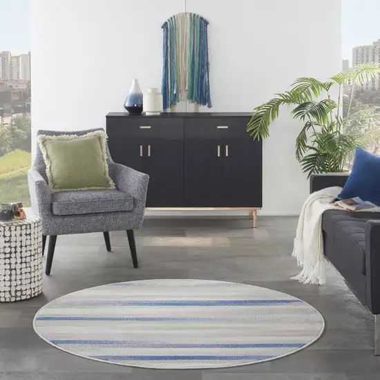 5' Ivory Tan and Blue Striped Round Rug Photo 4