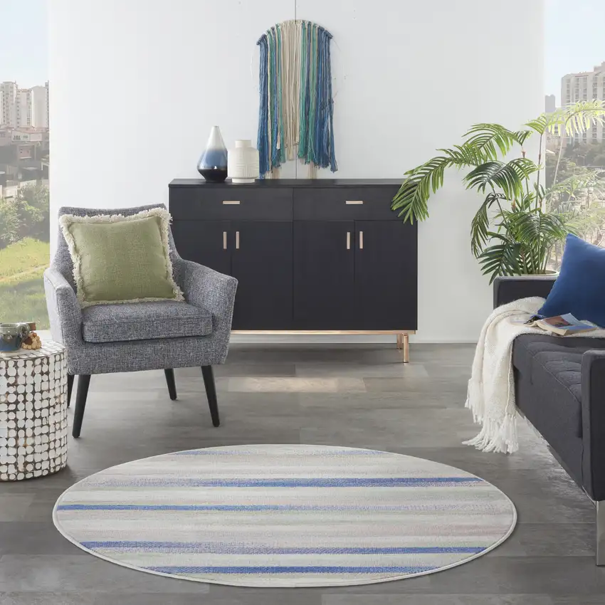 5' Ivory Tan and Blue Striped Round Rug Photo 4