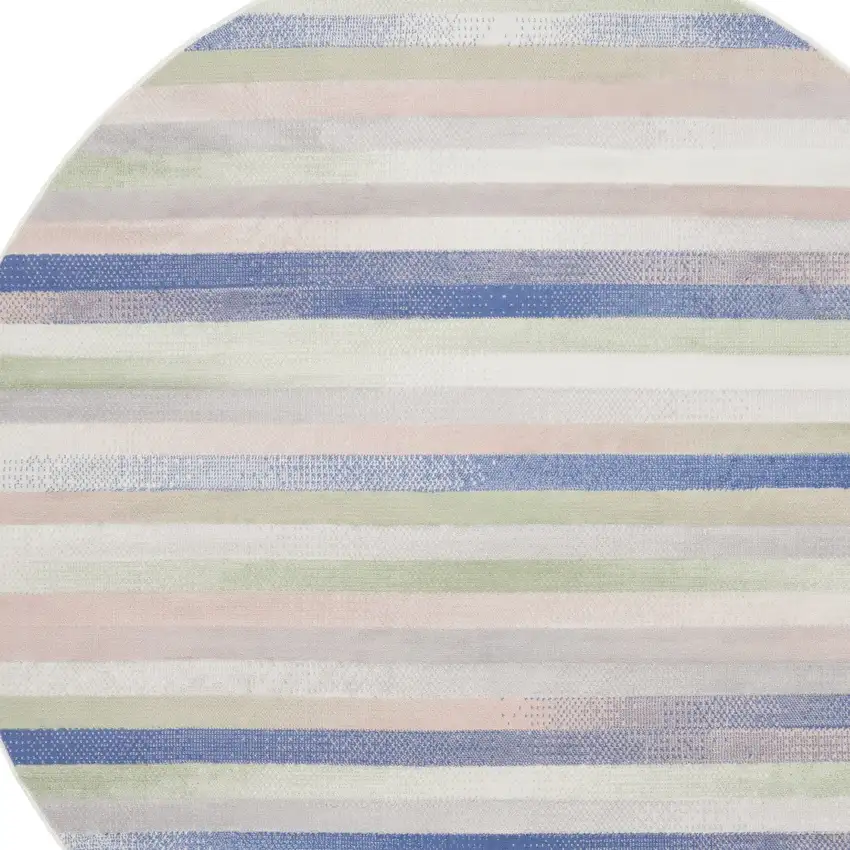 5' Ivory Tan and Blue Striped Round Rug Photo 6