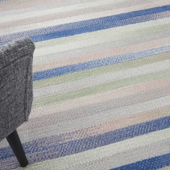 5' Ivory Tan and Blue Striped Round Rug Photo 7