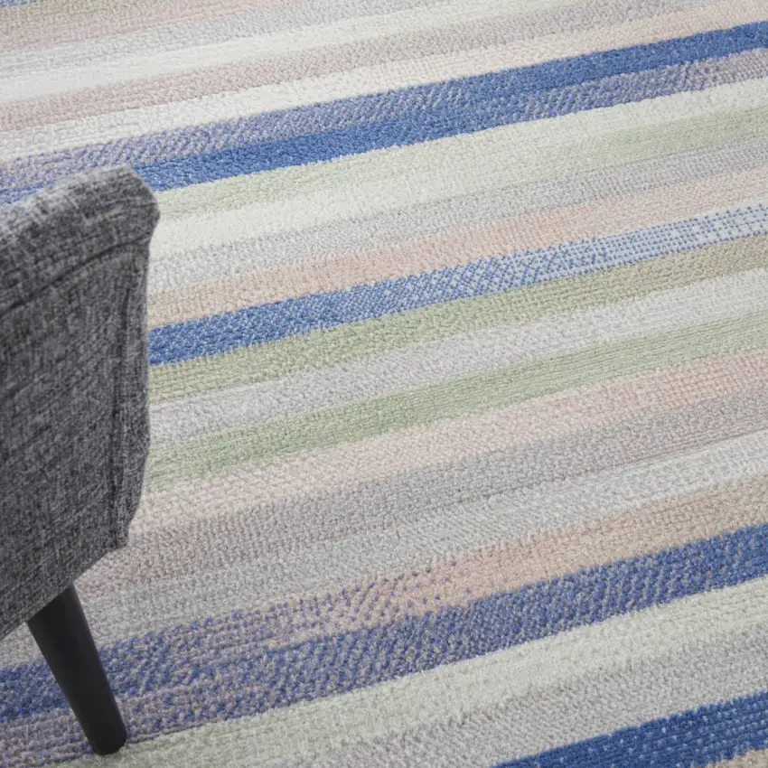 5' Ivory Tan and Blue Striped Round Rug Photo 7