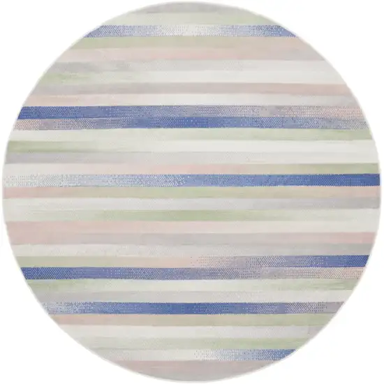 5' Ivory Tan and Blue Striped Round Rug Photo 1