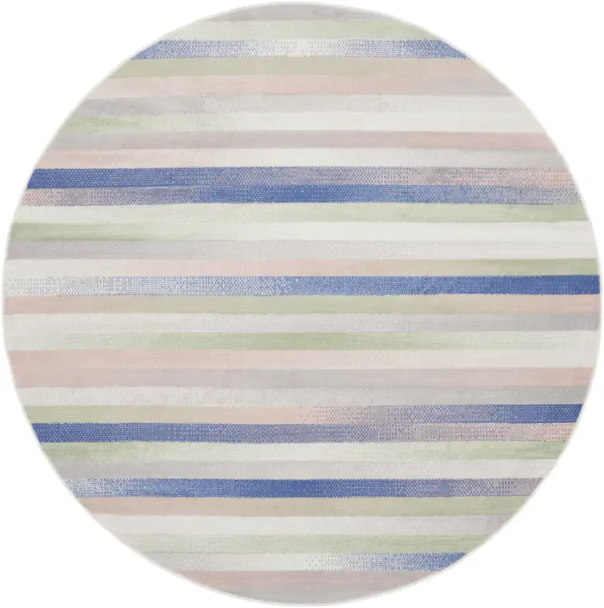 5' Ivory Tan and Blue Striped Round Rug Photo 1
