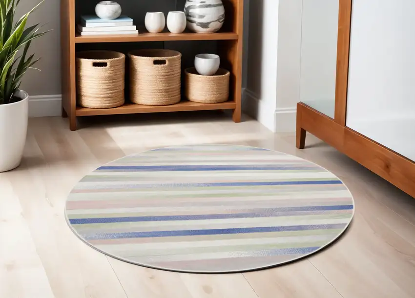5' Ivory Tan and Blue Striped Round Rug Photo 1