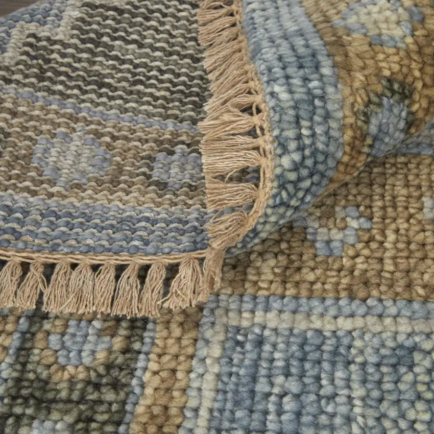 10' Ivory Tan and Blue Wool Oriental Hand Knotted Runner Rug With Fringe Photo 9