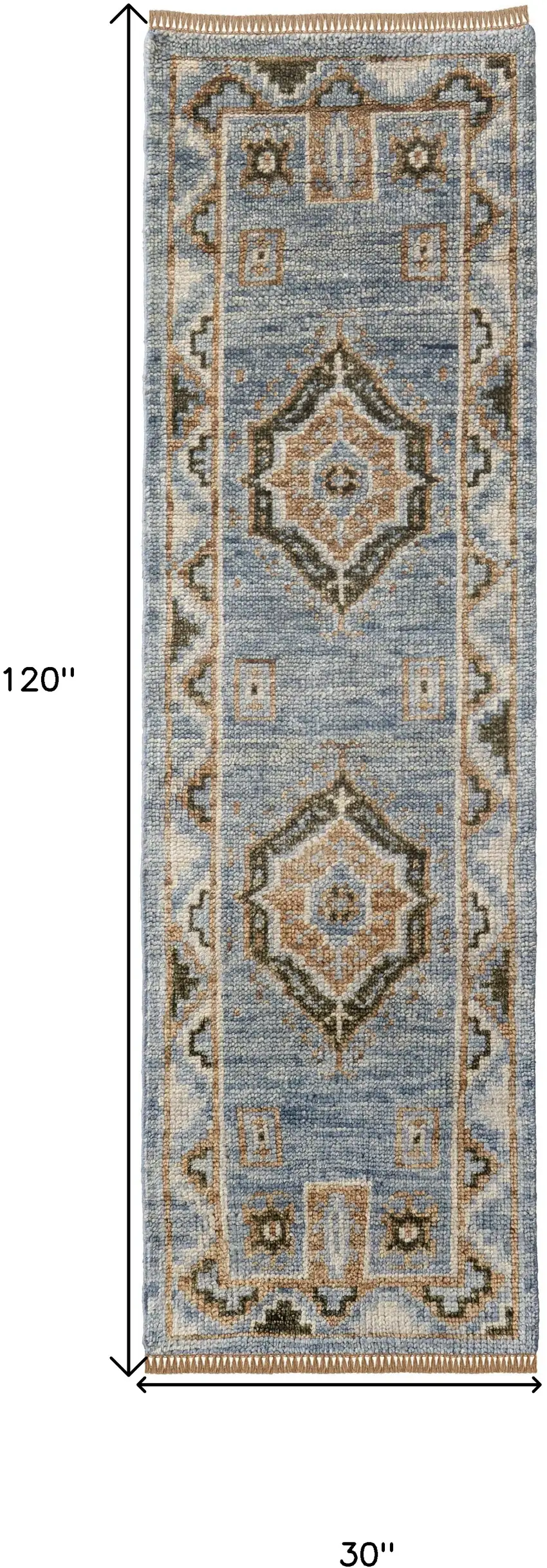 10' Ivory Tan and Blue Wool Oriental Hand Knotted Runner Rug With Fringe Photo 3