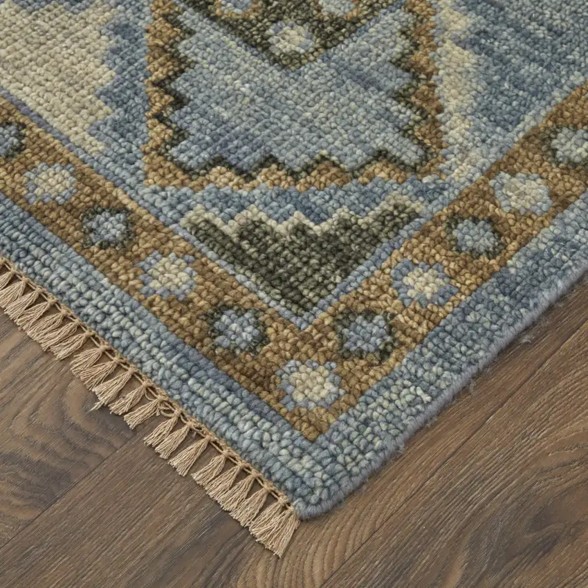 10' Ivory Tan and Blue Wool Oriental Hand Knotted Runner Rug With Fringe Photo 5