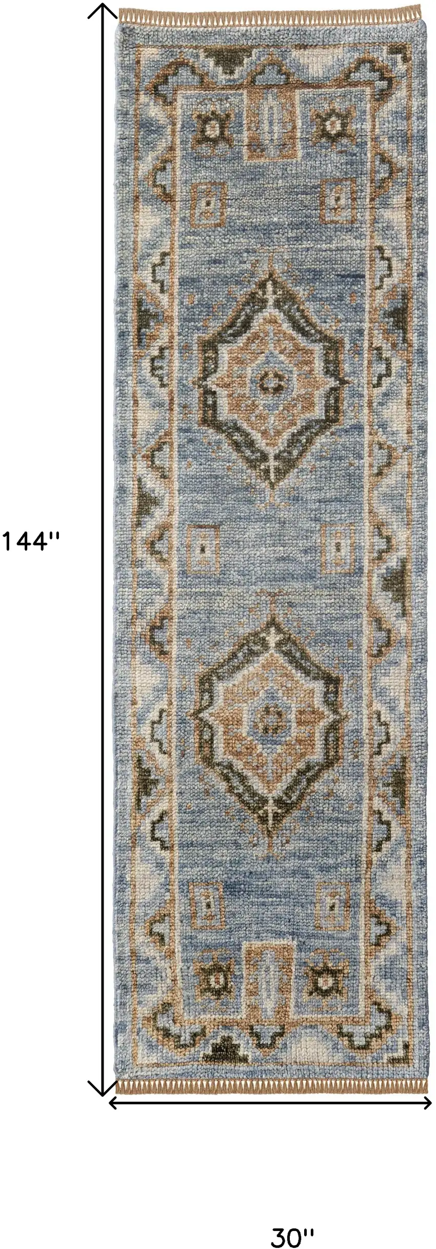12' Ivory Tan and Blue Wool Oriental Hand Knotted Runner Rug With Fringe Photo 3